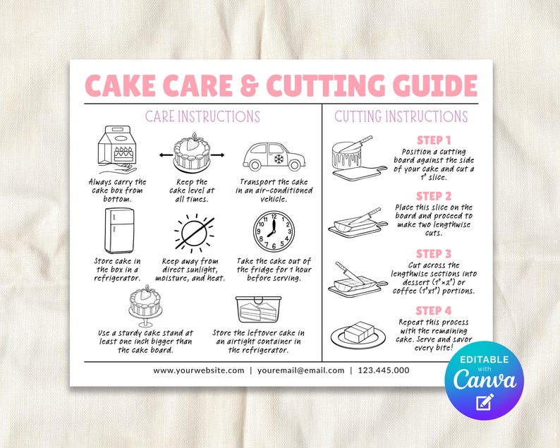 Cake Care And Cutting Guide Card Editable Template