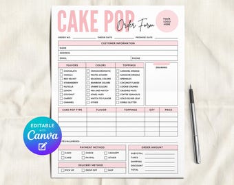 Modello modificabile per il modulo d'ordine di Cake Pop, modulo di fattura per Cake Pop per pasticceri, modello di modulo d'ordine personalizzato per Cakesicles, modulo di fatturazione per Cake Pop da forno