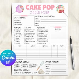 May include: A white cake pop order form with pink and purple accents, featuring sections for order details, customer information, and flavor selections. Includes a Canva logo and a pen.