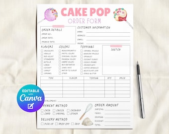 May include: A white cake pop order form with pink and purple accents, featuring sections for order details, customer information, and flavor selections. Includes a Canva logo and a pen.