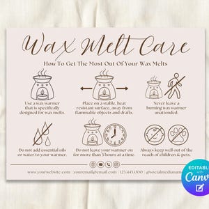 May include: A beige card with the text "Wax Melt Care" and instructions for wax melt use. The card includes illustrations of wax warmers, a clock, and safety symbols. The text advises on proper use and safety precautions.