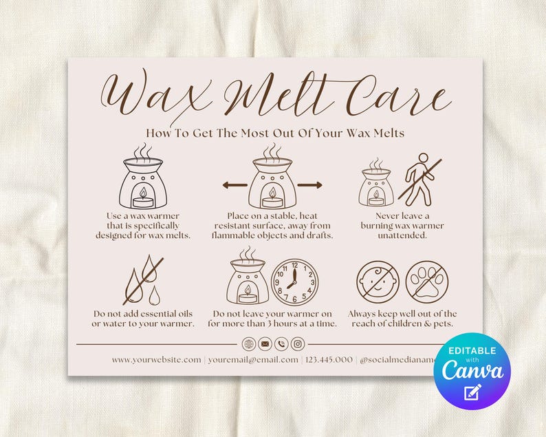 May include: A beige card with the text "Wax Melt Care" and instructions for wax melt use. The card includes illustrations of wax warmers, a clock, and safety symbols. The text advises on proper use and safety precautions.