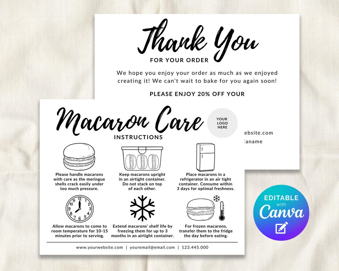 Macaron Care Guide Instructions Card Editable Template, Macarons Care ...