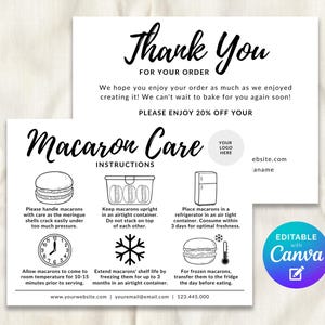 Macaron Care Guide Instructions Card Editable Template, Macarons Care Instructions Labels, Bakery Business Packaging, Thank You Insert Cards