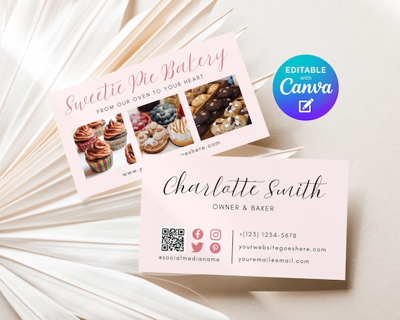 Bakery Photo Business Card Editable Template, Modern Dessert Cupcake Sweet Shop DIY Calling Card for Home Bakers, Small Business Canva