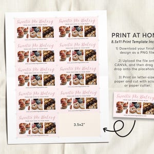 May include: A printable template for Sweetie Pie Bakery business cards. The design features a pink background with multiple card layouts, each showcasing bakery treats. The text "Sweetie Pie Bakery" is displayed in a cursive font. The template is 3.5 x 2 inches.