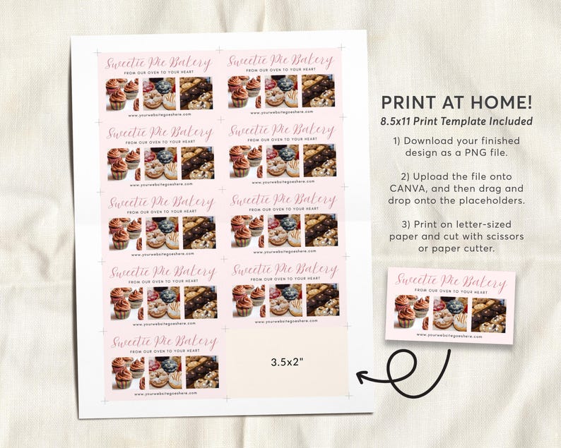 May include: A printable template for Sweetie Pie Bakery business cards. The design features a pink background with multiple card layouts, each showcasing bakery treats. The text "Sweetie Pie Bakery" is displayed in a cursive font. The template is 3.5 x 2 inches.