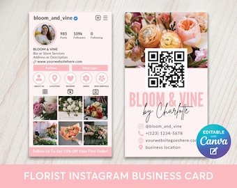 Plantilla editable de tarjeta de presentación de Instagram para floristería, tarjeta de presentación con código QR para Instagram de floristería, ramo de flores para boda, tienda floral, redes sociales