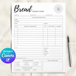 Bread Order Form Editable Template, Sourdough Bread Invoice Form, Simple Minimalist Home Bakery Baker Order Sheet, Baking Business Receipt