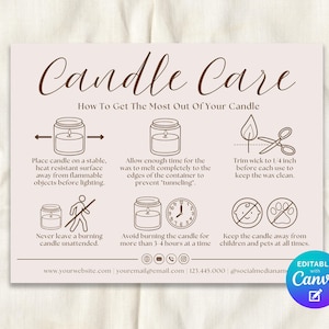 May include: A beige card with brown text and illustrations detailing candle care instructions. The card includes text such as "Candle Care" and "How To Get The Most Out Of Your Candle". It also features icons and text about candle safety.