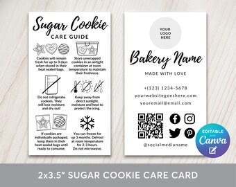 Puede incluir: Una tarjeta blanca para el cuidado de galletas de azúcar con texto negro. La tarjeta incluye instrucciones sobre cómo almacenar las galletas, con iconos y texto. El reverso presenta el nombre de una panadería, información de contacto e iconos de redes sociales. La tarjeta mide 5,08 x 8,89 cm.