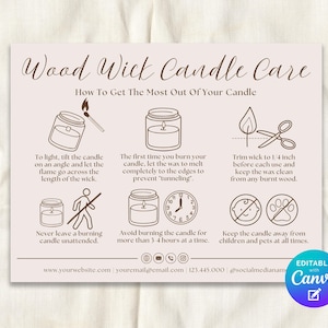 May include: A beige card with brown text and illustrations detailing wood wick candle care. Instructions include lighting, first burn, trimming the wick, and safety tips. The card is editable with Canva.