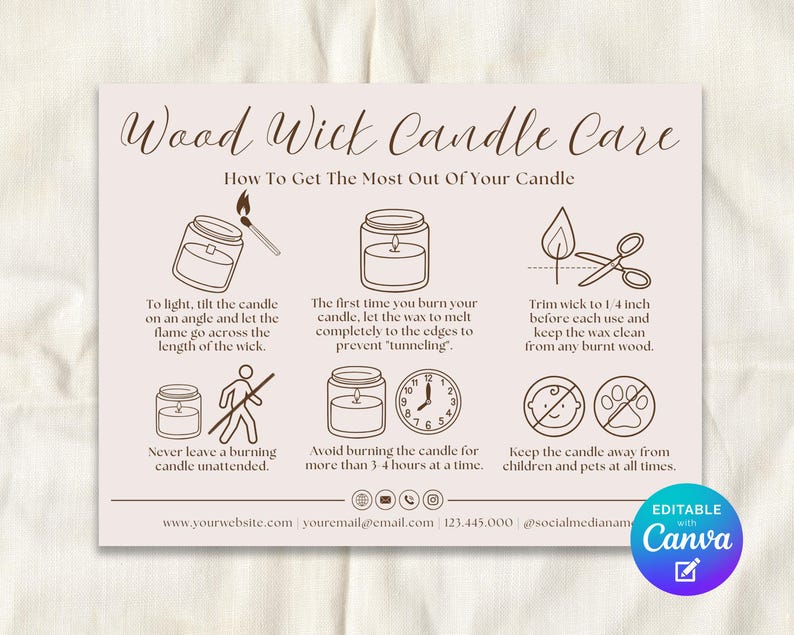 May include: A beige card with brown text and illustrations detailing wood wick candle care. Instructions include lighting, first burn, trimming the wick, and safety tips. The card is editable with Canva.