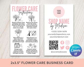 Modello modificabile per biglietti da visita con istruzioni per la cura dei fiori, etichetta per biglietti da visita con guida per bouquet di fiori recisi freschi, inserto per fiorista