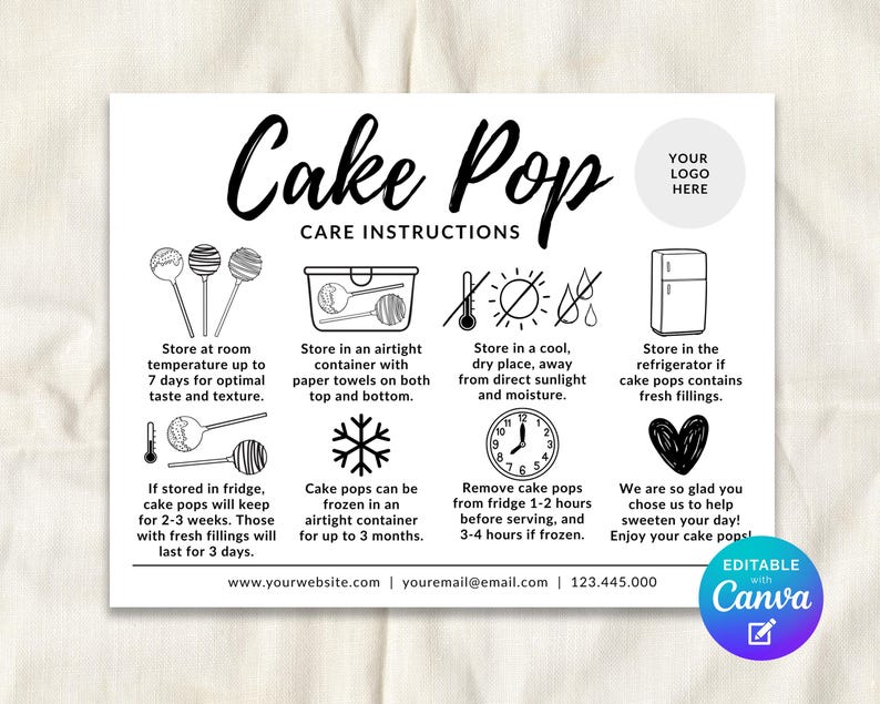 May include: A white card with black text detailing cake pop care instructions. The card includes illustrations of cake pops, storage containers, and a refrigerator. Text includes storage times and website information.