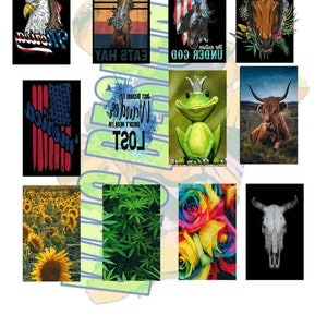 May include: A collage of 10 images featuring various themes, including American patriotism, nature, and animals. The images include a bald eagle with an American flag, a horse with a floral crown, a green frog, a sunflower field, a marijuana plant, a rainbow rose, and a cow skull.