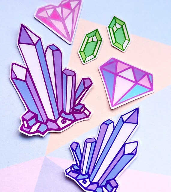 Magical Crystals Gem Sticker Pack, Transparent Vinyl Handmade Stickers,  Emerald Diamond Crystal Gemstone Stickers, Not Waterproof Vinyl 