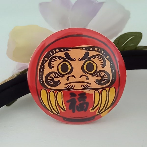 Button Badge Pin Red Daruma Doll Japanese, 32mm Size, Bag Fashion Lanyard Accessories