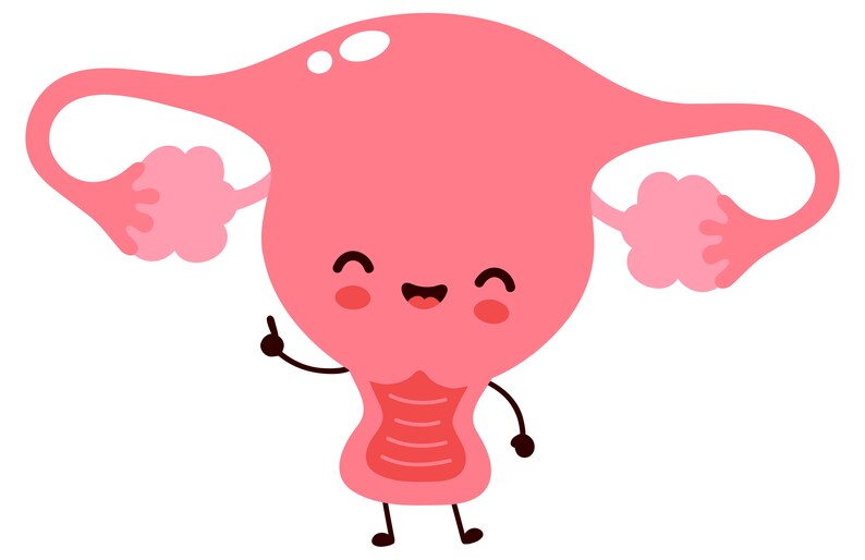 Peut inclure: Une illustration de dessin anim&eacute; d'un ut&eacute;rus rose avec un visage souriant et des bras, pointant du doigt. L'ut&eacute;rus a un col de l'ut&eacute;rus et des trompes de Fallope.