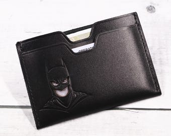 Leather Bat ID Wallet - Slim Minimalist Front Pocket Card Holder Wallet with Superhero Mask - Full Grain Leather - Gift for Men Boys Teens