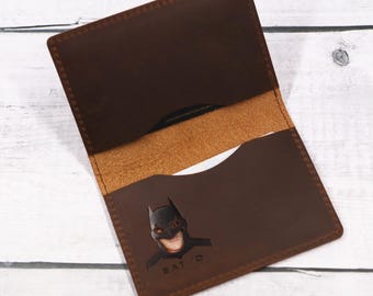 Full Grain Leather Bat ID Wallet - Bifold Slim Front Pocket Card Holder with Cutout Superhero Face