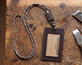 Ausweishalter aus Vollnarbenleder für Herren Damen mit Paracord Lanyard