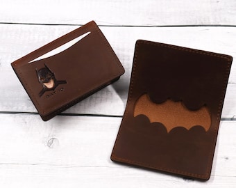 Full Grain Leather Bat ID Wallet - Slim Bifold Front Pocket Wallet Card Holder with Cutout Superhero Face