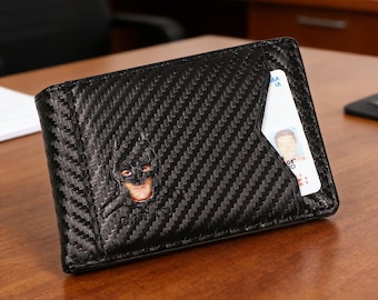 Pu Leather Slim Bifold Bat ID Wallet for Men - Card Holder with Cutout Superhero Face - Black Carbon Fiber