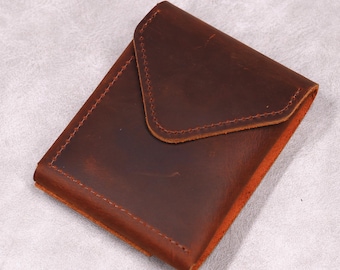 Full Grain Leather Slim Cash Wallet Card Holder Flap Closure with Magnetic Button