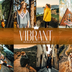 May include: A collection of 10 vibrant photo presets for mobile and desktop editing. The presets are designed to enhance the colors and contrast of your photos, giving them a warm and inviting feel. The presets are perfect for travel, lifestyle, and landscape photography.