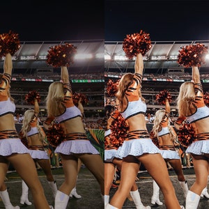 May include: A group of cheerleaders wearing white and orange uniforms with tiger stripes, holding orange pom-poms, perform a routine in front of a stadium at night.