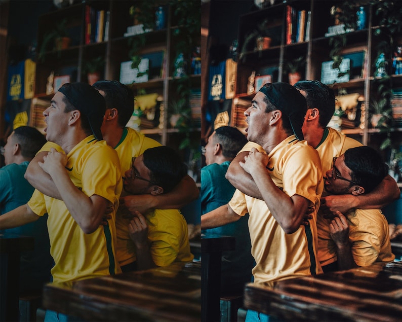 May include: Four people wearing yellow and green soccer jerseys are cheering. They are standing in a bar with a wooden counter and shelves behind them.