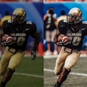May include: A football player wearing a black and gold uniform with the word "COLORADO" on the front. He is running with the football in his hands.
