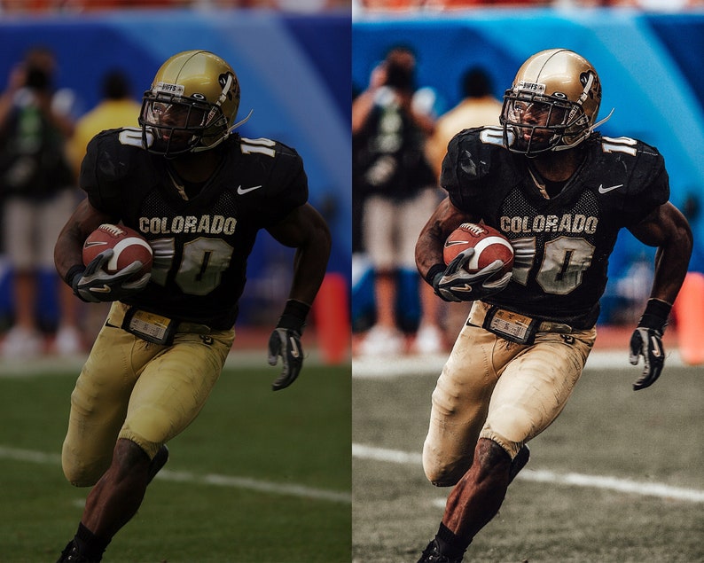 May include: A football player wearing a black and gold uniform with the word "COLORADO" on the front. He is running with the football in his hands.