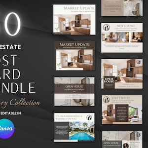 Lot de 50 cartes postales immobilières modernes, modèle de canva immobilier, journée portes ouvertes modifiable, juste répertorié, vendu, mise à jour du marché, et plus encore !