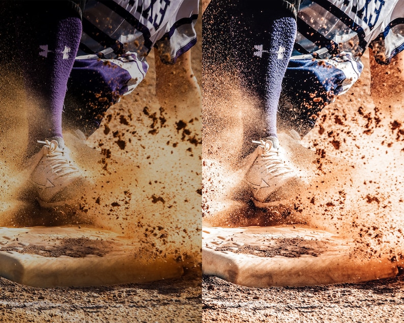 May include: A baseball player slides into home plate, kicking up a cloud of brown dirt. The player is wearing white cleats, purple socks with a white logo, and a white and purple jersey.
