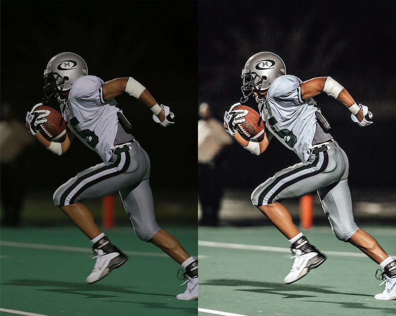 May include: A football player wearing a white and gray uniform with a silver helmet runs with the ball on a green field under the lights.