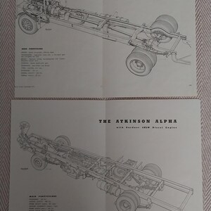 Op de afbeelding: Twee zwart-wit technische tekeningen van voertuigchassis. De bovenste tekening is gelabeld "DENNIS FALCON CHASSIS" en de onderste tekening is gelabeld "THE ATKINSON ALPHA". Beide tonen gedetailleerde mechanische componenten.