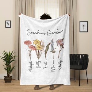 Custom Grandma's Garden Blanket, Custom Birthflower Blanket, Nana's Blanket With Kids Name, Gift for Grandma, Blanket for Mom, Birthday Gift