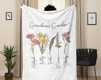 Couverture de jardin de grand-mère personnalisée, couverture de fleurs de naissance personnalisée, couverture de grand-mère avec nom d'enfant, cadeau pour grand-mère, couverture pour maman, cadeau d'anniversaire