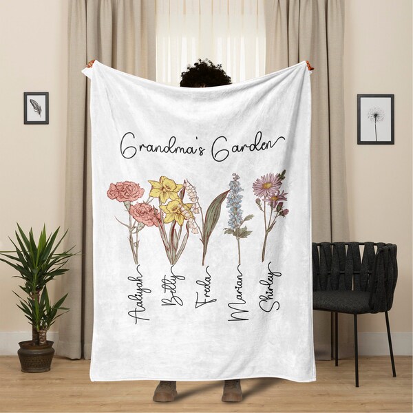 Couverture de jardin de grand-mère personnalisée, couverture de fleurs de naissance personnalisée, couverture de grand-mère avec nom d'enfant, cadeau pour grand-mère, couverture pour maman, cadeau d'anniversaire