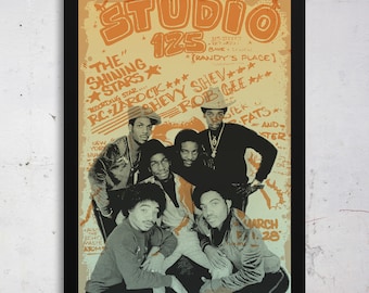 May include: A vintage concert poster for "The Shining Stars" featuring a group of seven men in black and white clothing. The poster is in a distressed style with orange and yellow text. The text reads "Studio 125", "The Shining Stars", "RC*Zarok", "Shevy Shev", "Rob Gee", "Fats", and "March 1.28".