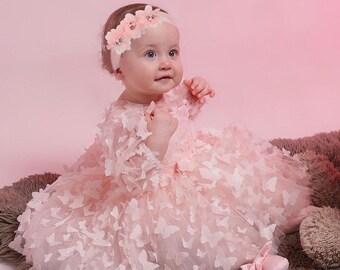 Robe de princesse papillon rose | Robe à manches longues pour fille | Robe d'anniversaire de première année | Robe de Noël | Robe scintillante | | Robe en tulle