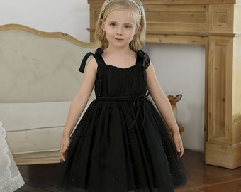 Robes Enfant Perles Noires | Noeud d'épaule | Robe d'été | Robe en maille duveteuse pour bébé | Robe de princesse | Robe en tulle |Robe en dentelle pour bébé |