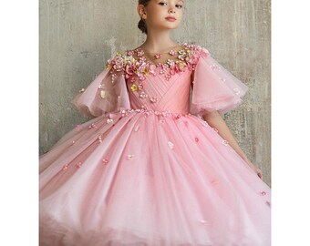 Pink Fluffy Dress | Girl Fluffy Mesh Dress | Princess Dress | Tulle Dress | Lace Girl Dress | Tutu Peplum Girl Dress | Dance Dress |