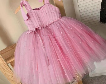 Robes enfant perles roses | Noeud d'épaule | Robe d'été | Robe en maille duveteuse pour bébé | Robe de princesse | Robe en tulle |Robe en dentelle pour bébé |