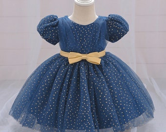 Robe bleue dorée à pois | Robe à manches longues et paillettes pour fille | Robe d'anniversaire de première année | Robe de Noël | Robe scintillante | | Robe en tulle