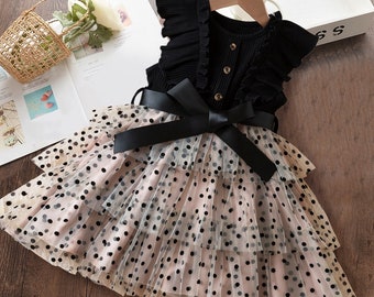 Black Polka Dot Dress | Summer Dress | Baby Fluffy Mesh Dress | Princess Dress | Tulle Dress | Fashionable Dress | Lace Baby Dress |