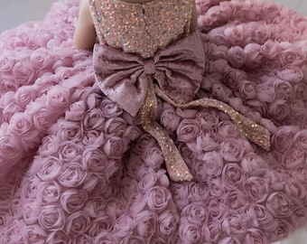 Purple Rose Flower Girl Dress | Sequins Girls' Long Sleeve Dress |First Year Birthday Dress |Christmas Dress | Sparkling Dress | Tulle Dress