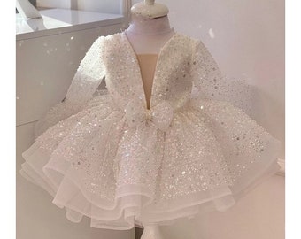 Robe blanche de demoiselle d'honneur | Robe à manches longues et paillettes pour fille | Robe d'anniversaire de première année | Robe de Noël | Robe scintillante | | Robe en tulle